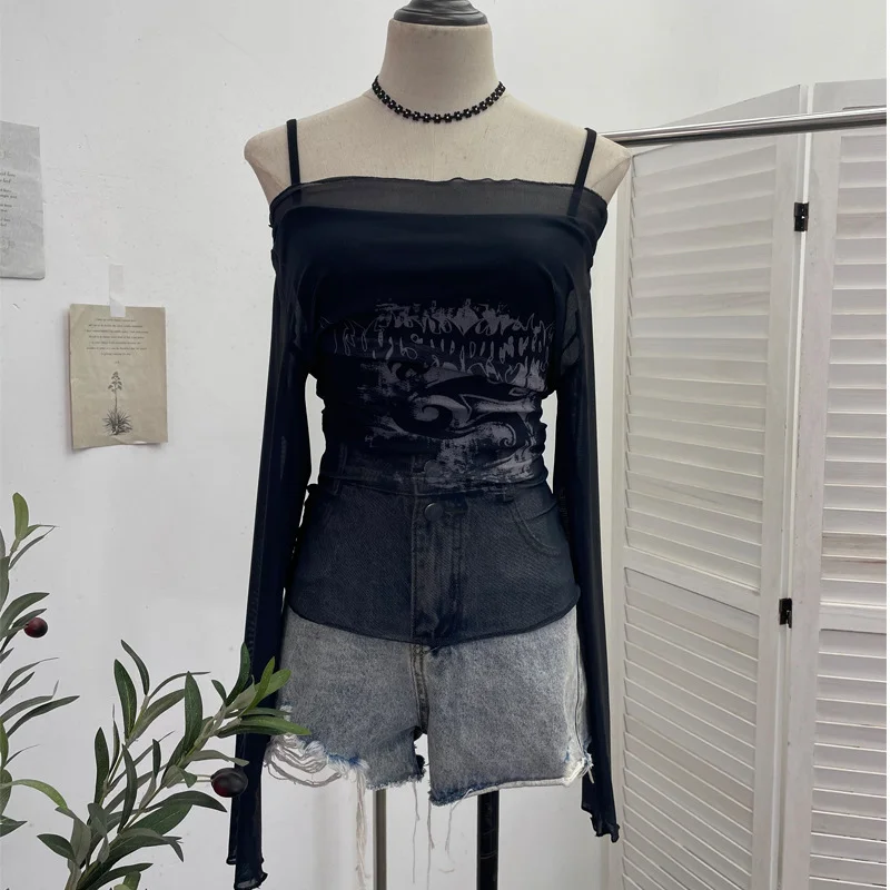 Churchf Real Shooting Spice Girls Shoulder Mesh Sun Hooded Sling Sling Long-Sleeved T-Shirt Top Two Sets Of Women 8862