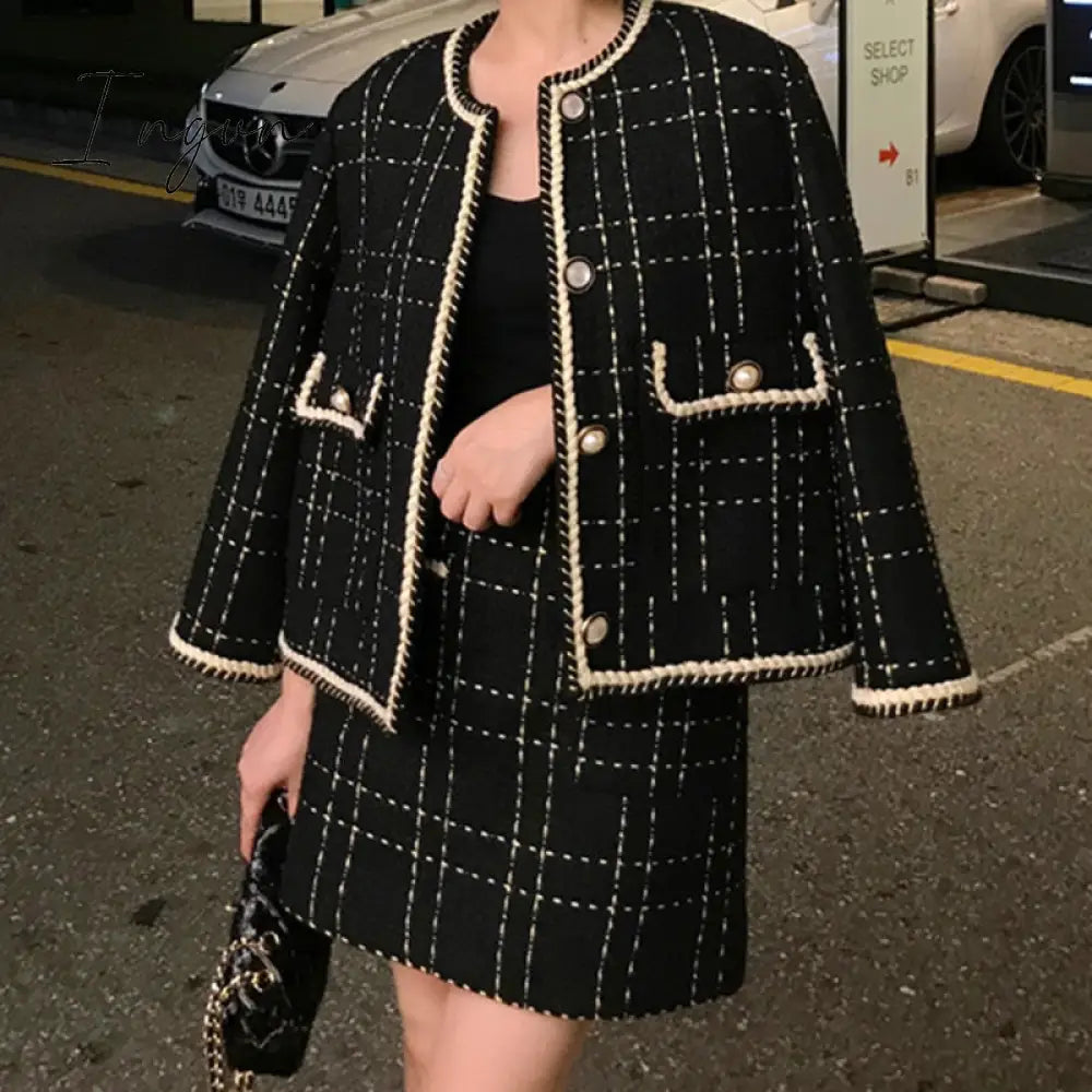 Ingvn - European Style Autumn Winter 2 Piece Set Women Short Woolen Tweed Jacket Coat & Bodycon