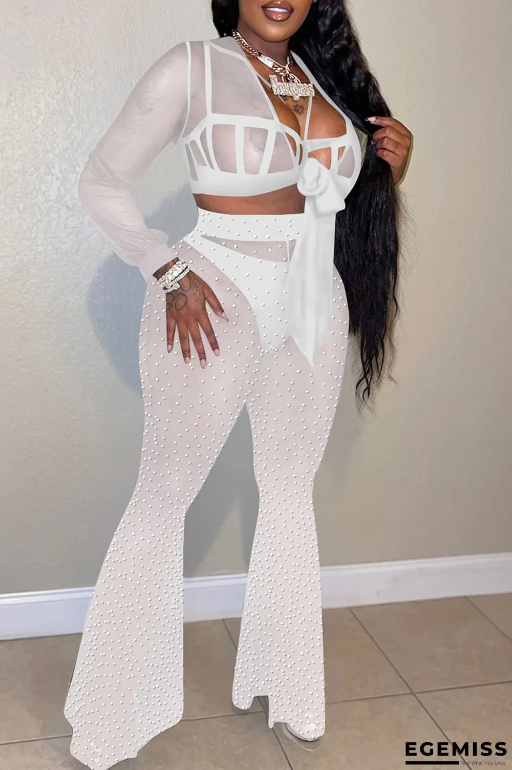 White Fashion Sexy Patchwork Hot Drilling Bandage See-through V Neck Long Sleeve Three-piece Set | EGEMISS