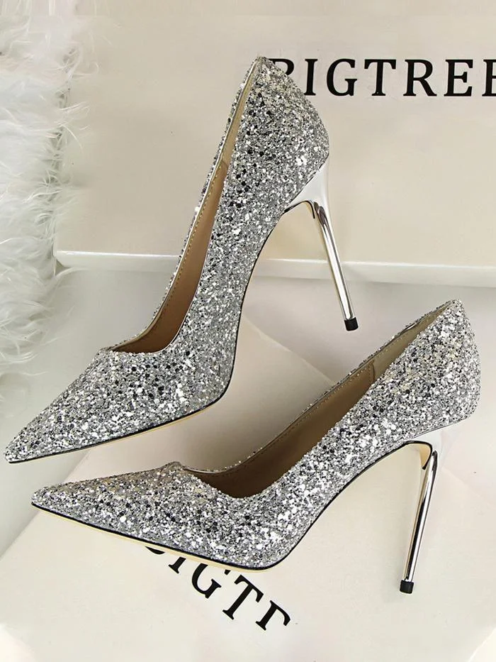 Fashion shallow mouth pointed toe sparkling sequins sexy high-heeled shoes