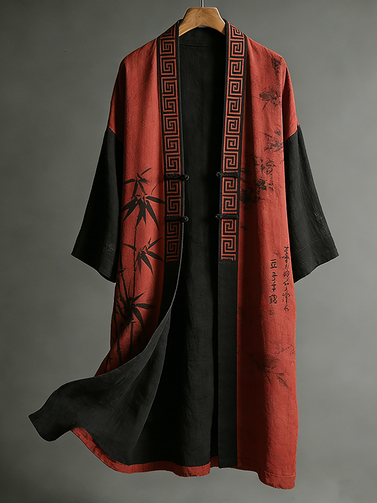 Japanese Art Ink Bamboo Print Color-block Kimono  artssus