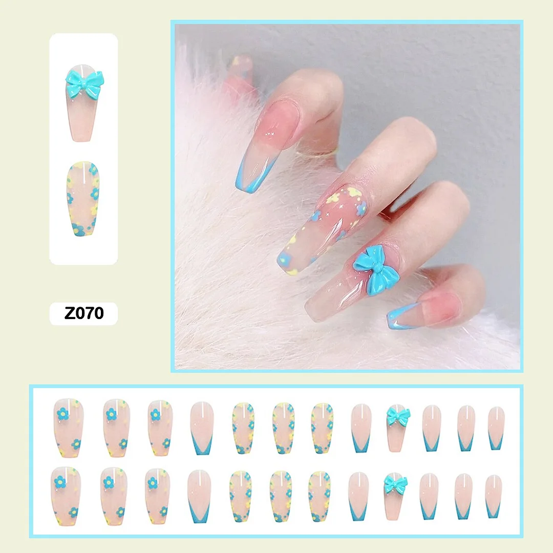 Three-dimensional bow flowers sweet heart shaped long trapezoidal wearable nail fake nails-Nail Inspo