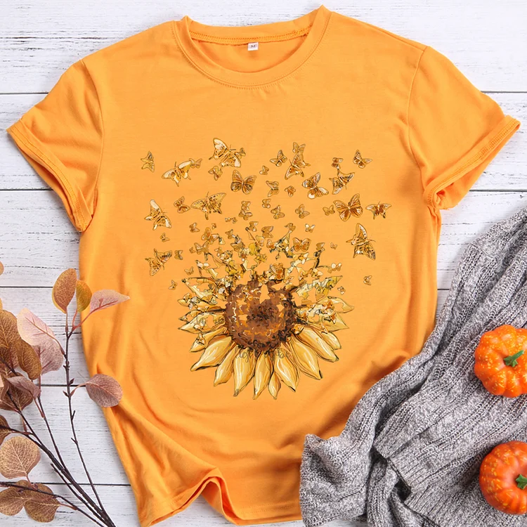 Sunflowers And Butterflies Animal Lover Round Neck T-shirt