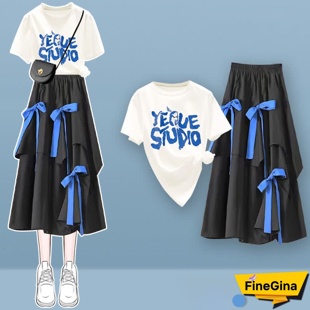 Letter Print T-Shirt Irregular Bow Decor SKirt Two Pieces Set