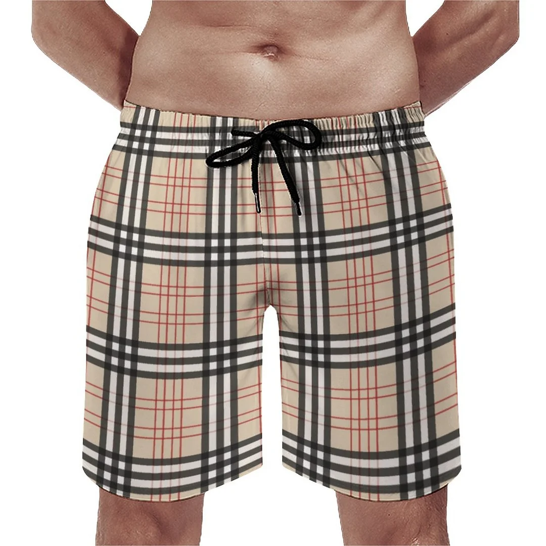 Beige Plaid Tartan Checkered Pattern Elegant Men's Swim Trunks Summer Board Shorts Quick Dry Beach Short with Pockets