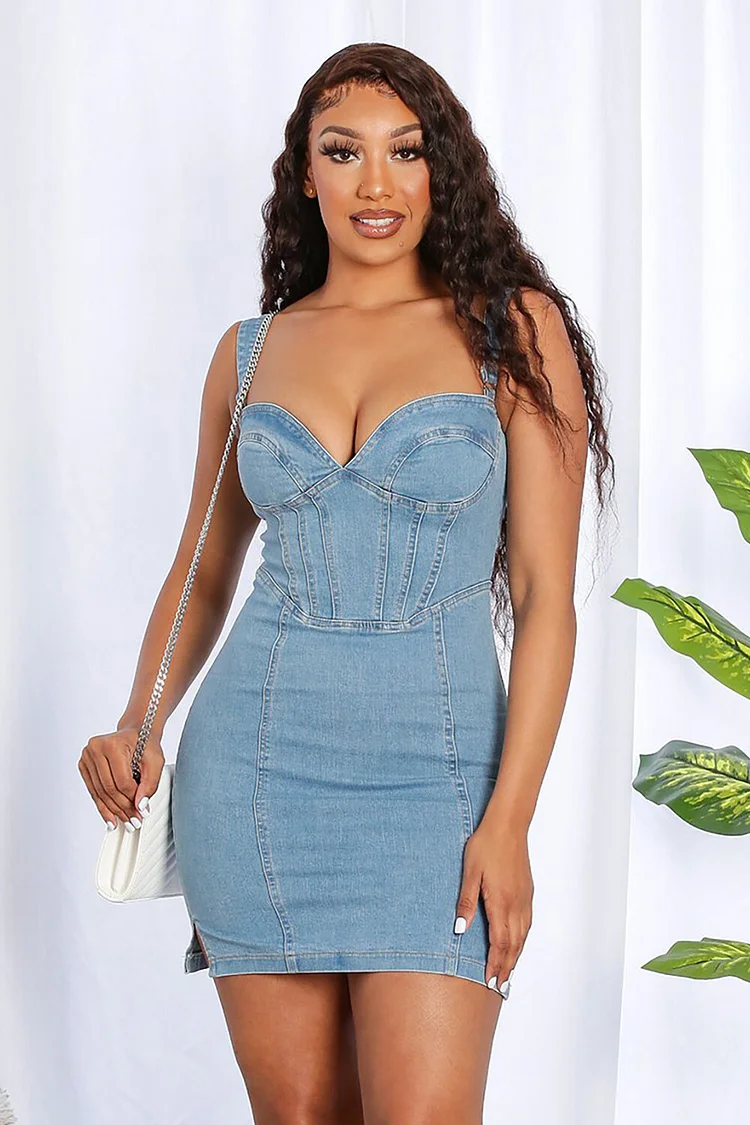 V Neckline Corset Design Bodycon Denim Slip Mini Dresses-Blue