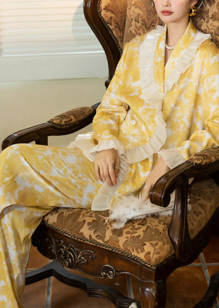 Women Yellow Ruffled Patchwork Ice Silk Pajamas Women Sets 2 Pieces Spring