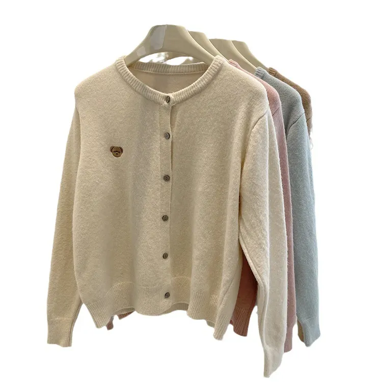 Churchf Churchf Sense Heavy Industry Embroidery Fashion Round Collar Color Buckle Sheep Wool Soft Waxy Pure Color Versatile Basic Knit Cardigan