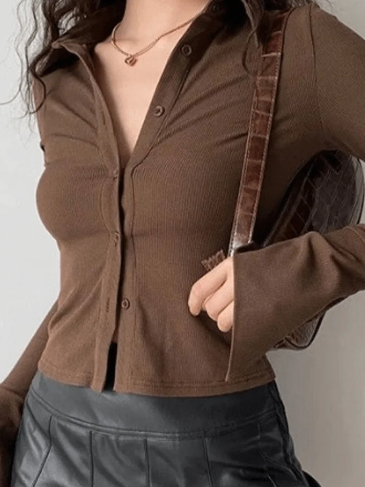 Brownm vintage polo collar long sleeve rib blouse