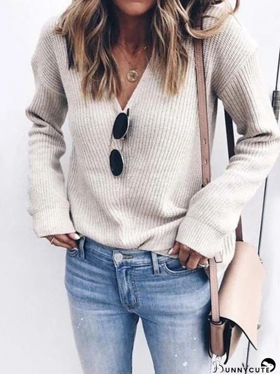 Women's Sweaters Fashion Simple V-Neck Knitted Sweater