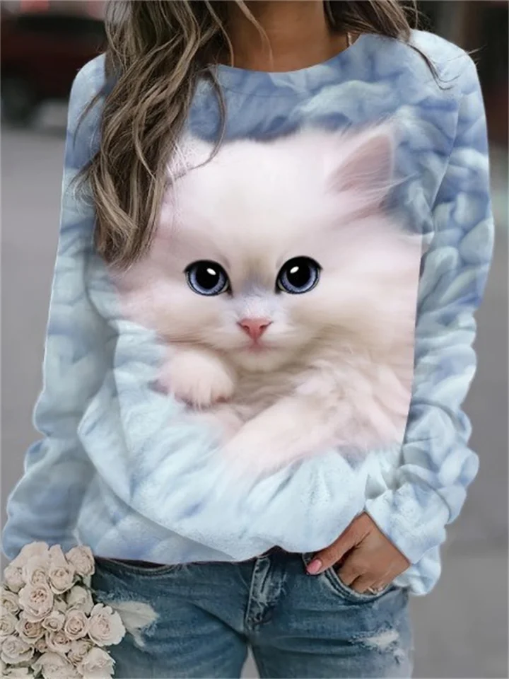 New Women's 3D Abstract Pattern Cat Long Sleeve Round Neck T-Shirt Women's T-Shirt Long Sleeve-Cosfine