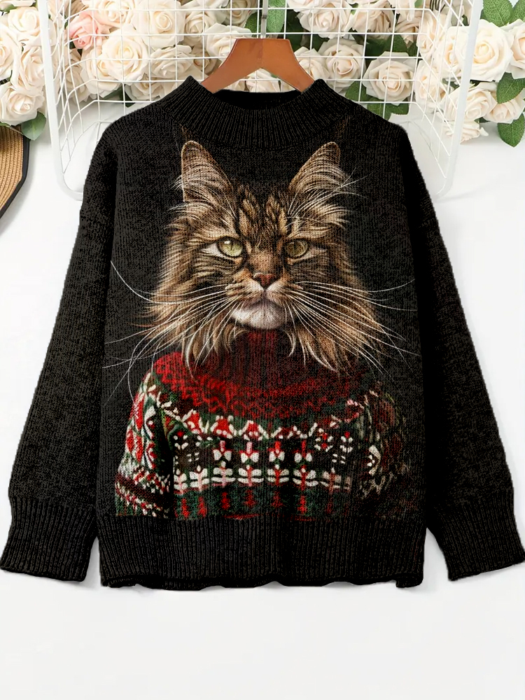 Comstylish Christmas Cat Pattern Cozy Knit Sweater