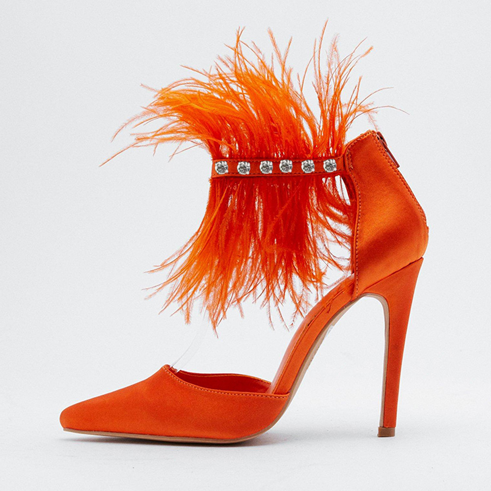 Orange Satin Pointed Toe Feather Ankle Strap Heels with Rhinestones Nicepairs
