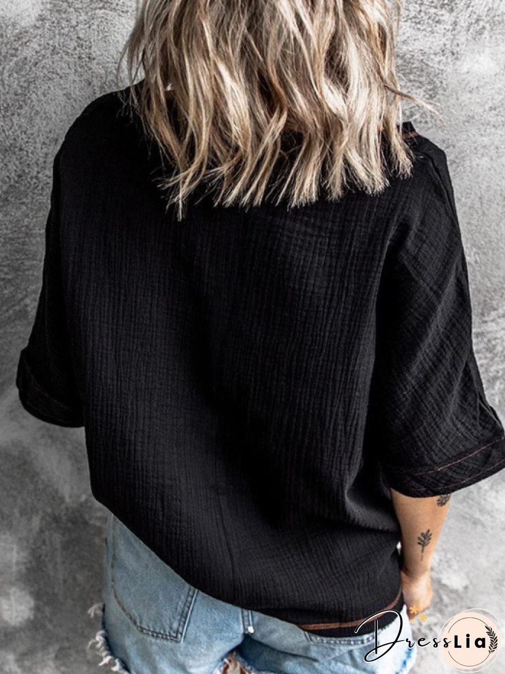 V-neck Solid Color Loose Casual Short-sleeved Blouse Linen