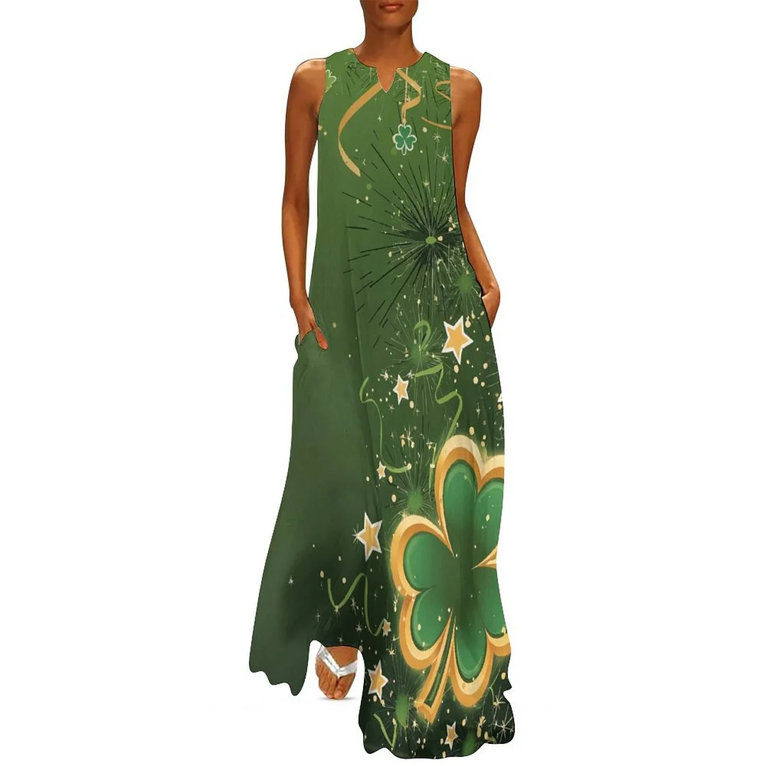 Style & Comfort for Mature Women Plus Size Printed Sleeveless Casual Women Maxi Dress with Pockets in Pattern St. Patrick's Day, Green, Clover, Lucky
