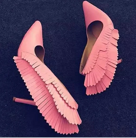Pink Stiletto Heels Pointy Toe Fringe Pumps for Party |FSJ Shoes