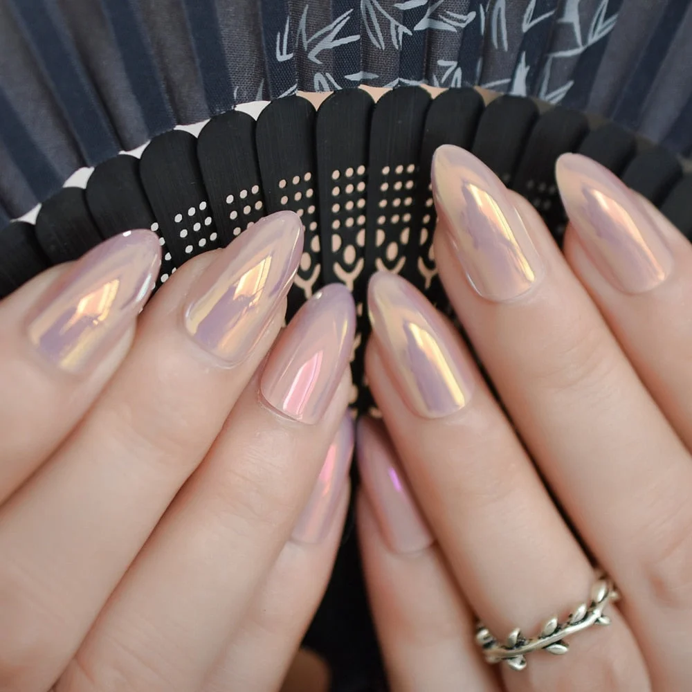 Mocha Pink Mirror False Nails Chrome Stiletto Faux Nails Glass Shiny Effect Surface Ladies Fingernails Fake 24-Nail Inspo
