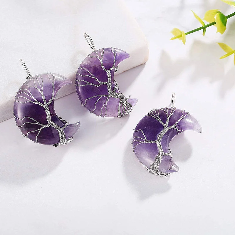 Natural Quartz Crystal Moon Tree Of Life Healing Energy Necklace Pendant