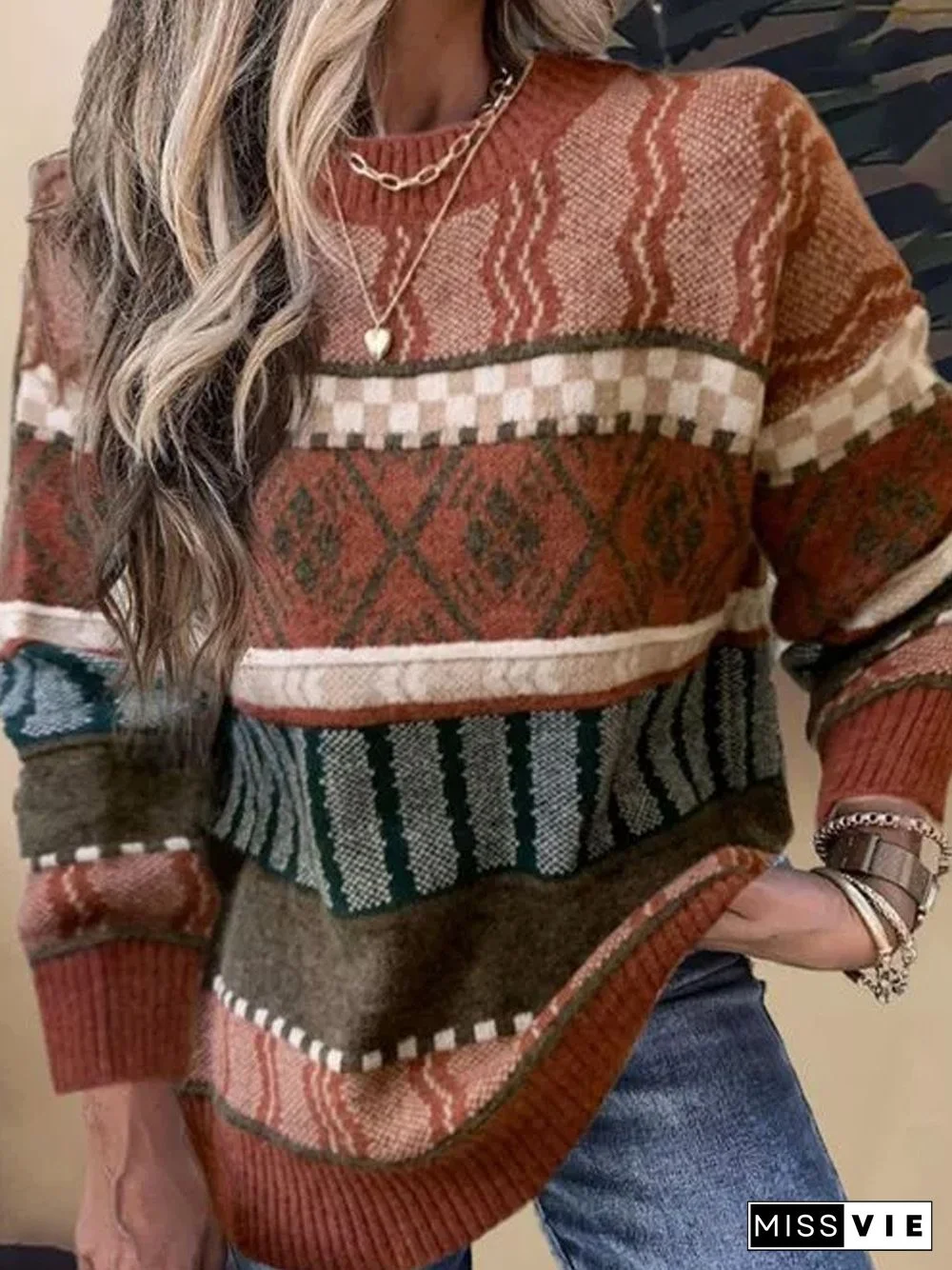Women Vintage Autumn Printed High Elasticity Plus Size Long sleeve Crew Neck Cotton-Blend Sweater