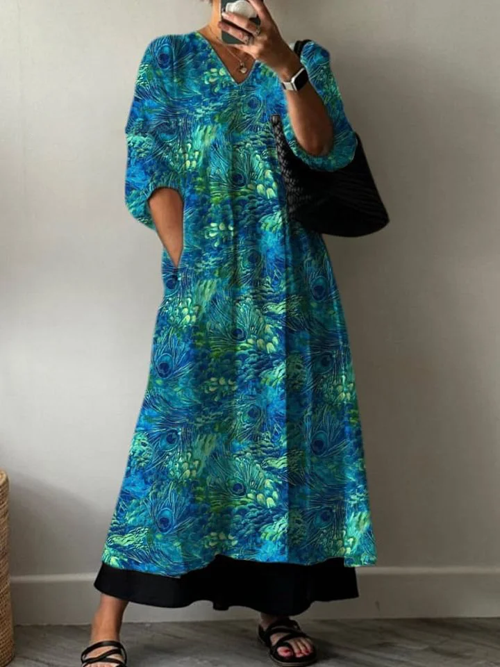 Vibrant Peacock Feather Pattern Printed Women's Pocket V-Neck Cotton Dress