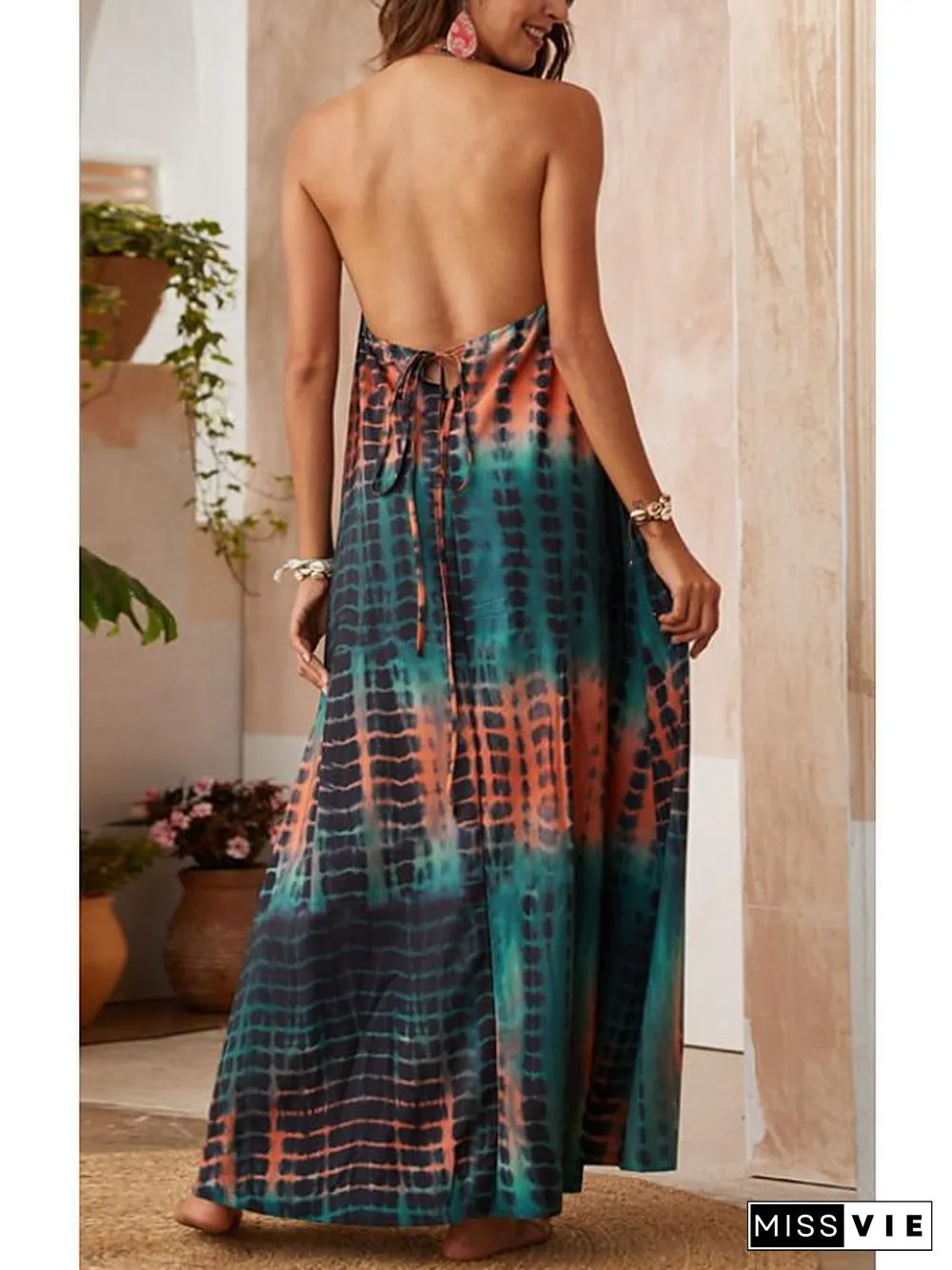 Women's Strap Dress Maxi long Dress Sleeveless Color Block Backless Summer Casual  Blue One-Size
