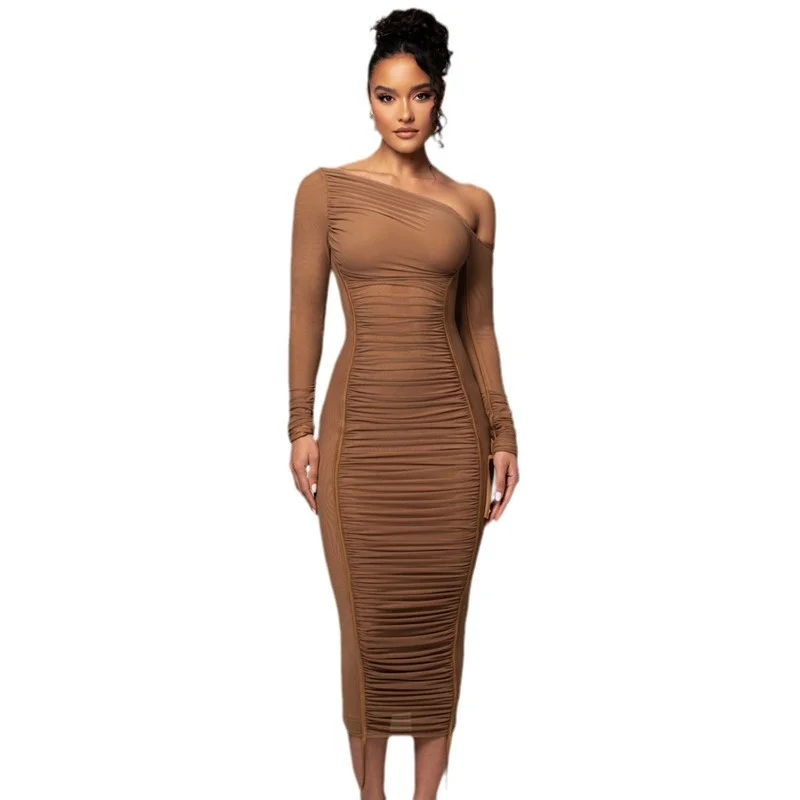 Brownm Brownm 2024 The New Women's Long Sleeve Mesh Splicing Inclined Shoulder Long Temperament Pleated Dress Female
