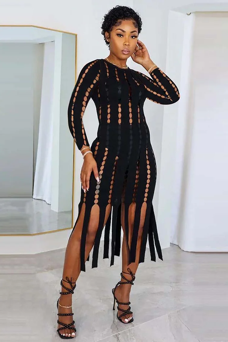 Hollow Out Long Sleeve Bodycon Fringed Hemline Party Midi Dresses