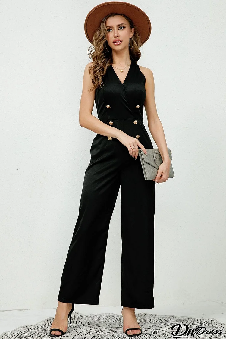 V-Neck Sleeveless Decorative Buttons Jumpsuit