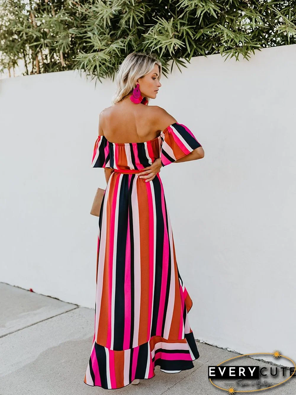 Vacation Off Shoulder Striped Belt Maxi Dress