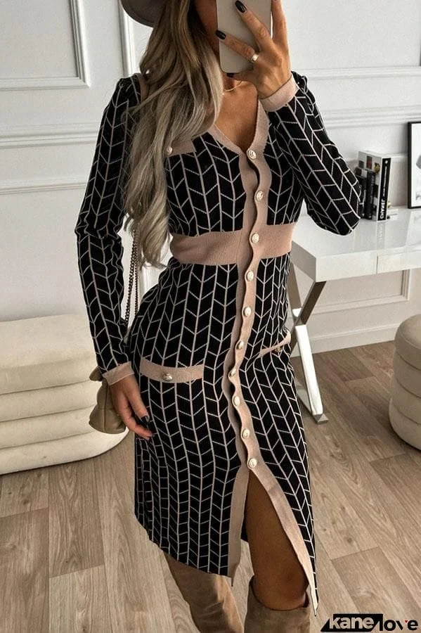 Chic State Geometric Lines Button Sweater Dress