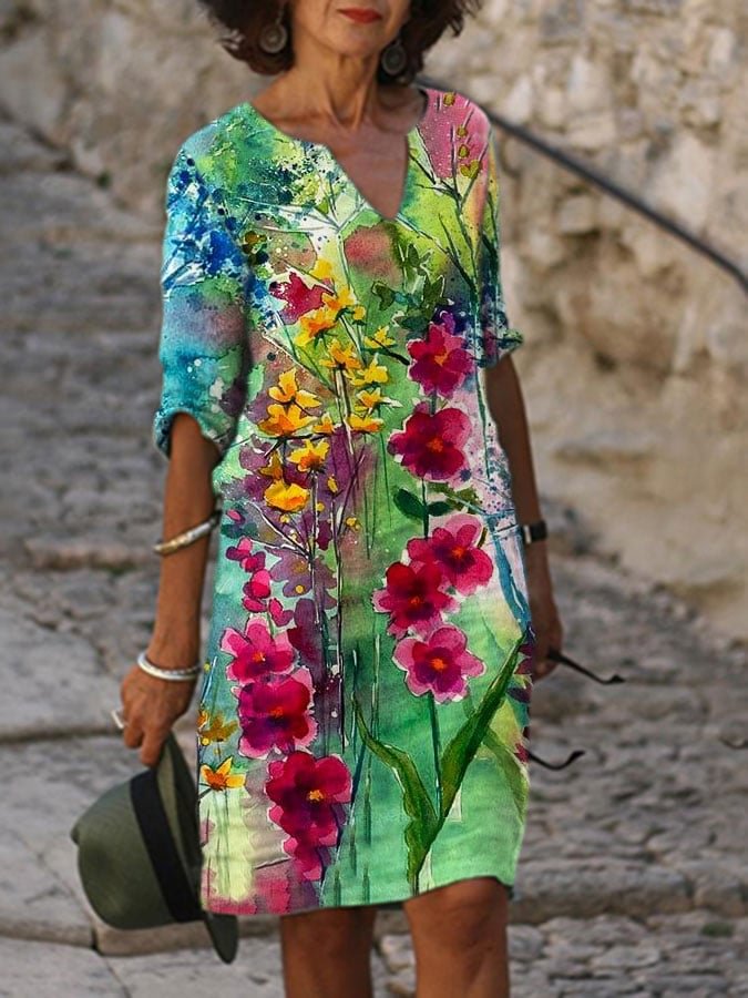 🔥Buy 3 Get 10% Off🔥Women's Cotton Linen Oil Painting Floral Print  V-neck Straight Dress