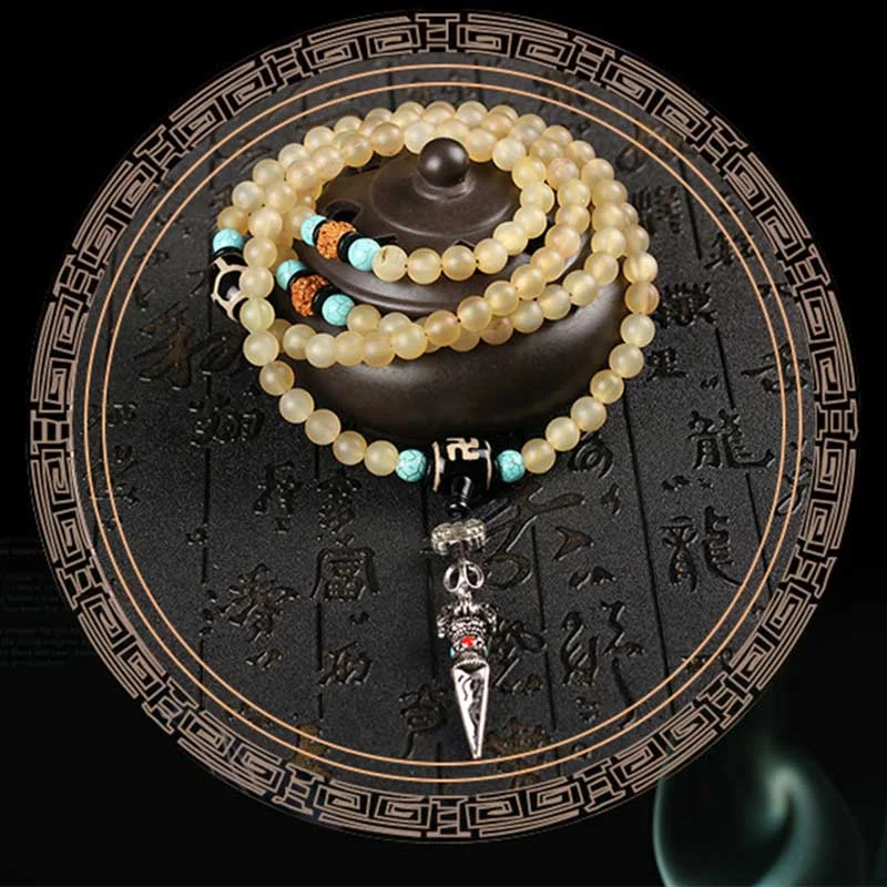 108 Beads Tibetan Sheep Horn Dzi Bead Turquoise Necklace Bracelet Mala