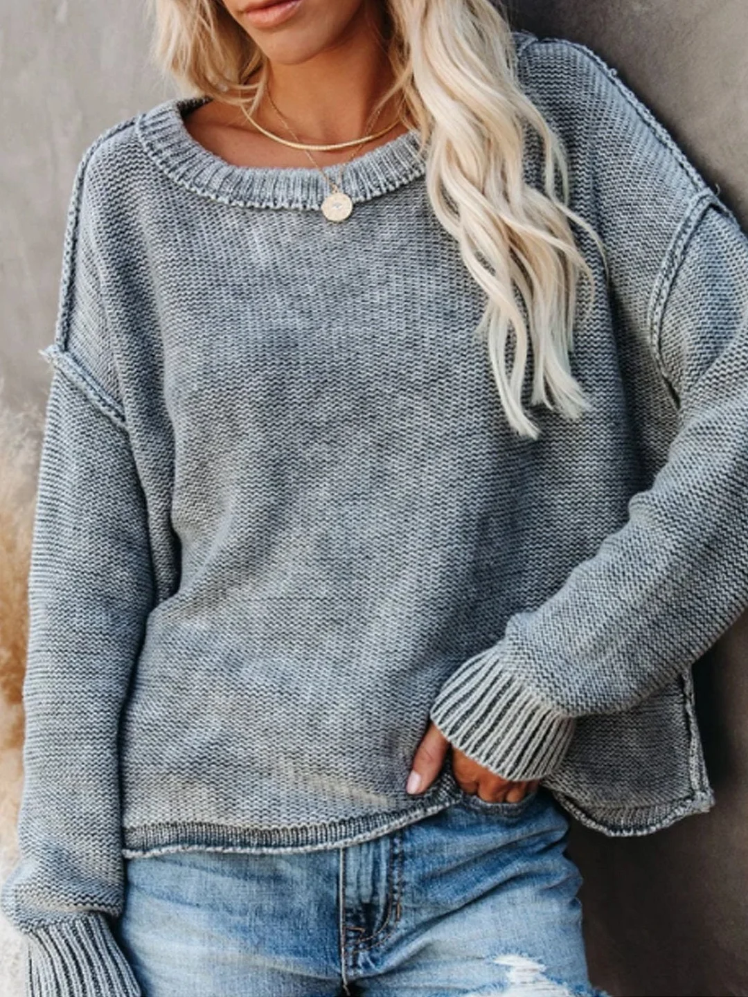 Gray Round Neck Long Sleeve Sweater