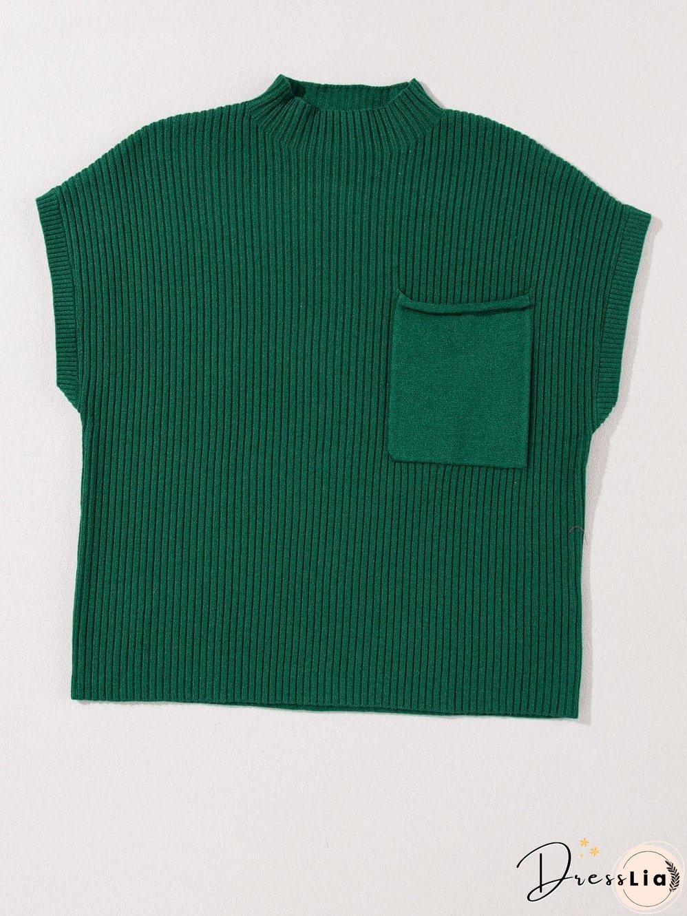 Green Ribbed Knit Short Sleeve Sweater with Patch Pocket