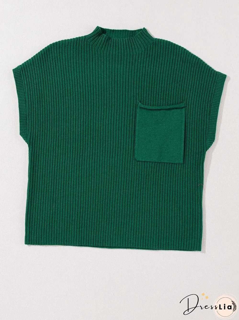 Green Ribbed Knit Short Sleeve Sweater with Patch Pocket