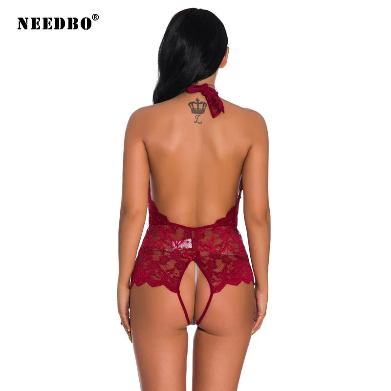 NEEDBO Elegant Thong Bodysuit Top for Women Bodysuit Women Sexy Lace Backless Overalls Femme Transparent Bodysuit Mujer Catsuit