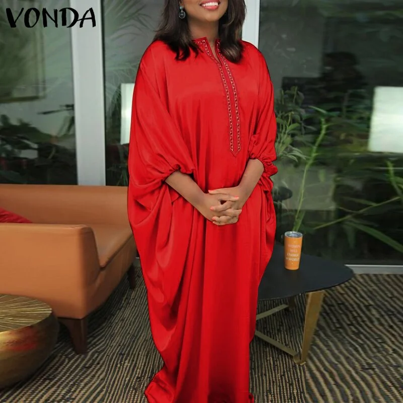 Party Pleated Bat-Sleeve Baggy Vestidos VONDA Women Round Neck Printed Long Maxi Dresses 2022 Elegant Beach Sundress Female Robe