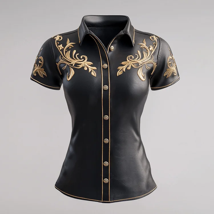 Ursime Plant Embroidery Shirt Collar Short Sleeve PU Leather Blouse