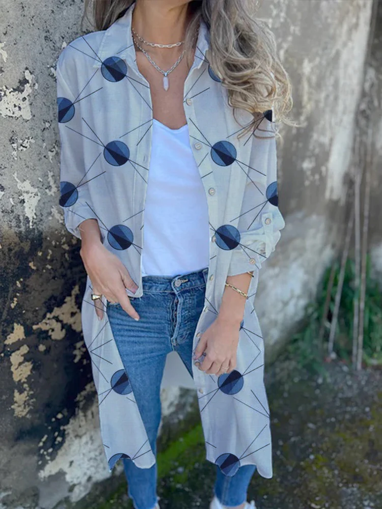 Geo Print Lapel Collar Women Shirt Loose Casual Coat
