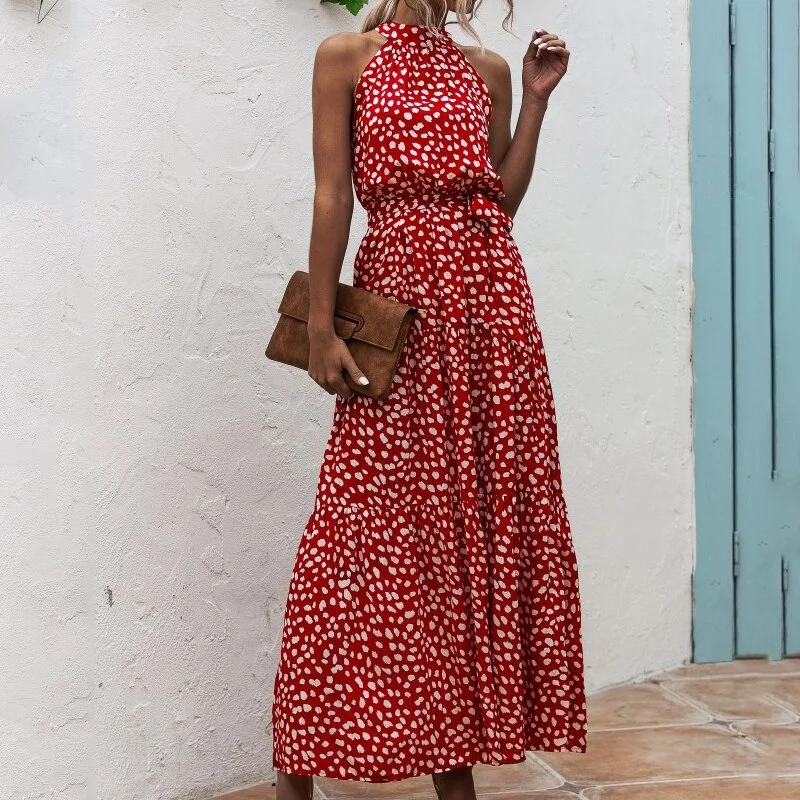 2021 Summer New Elegant Sexy beach long Dress Women Fashion Print Flowers Polka-dot Ladies Halter boho dress women vestidos