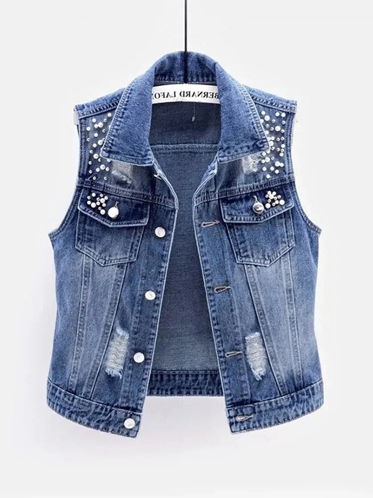 Oocharger Denim Women Vest Luxury Pearls Fashion Ripped Autumn Jeans Jacket Sleeveless Loose Short Coat Causal Waistcoats 5XL