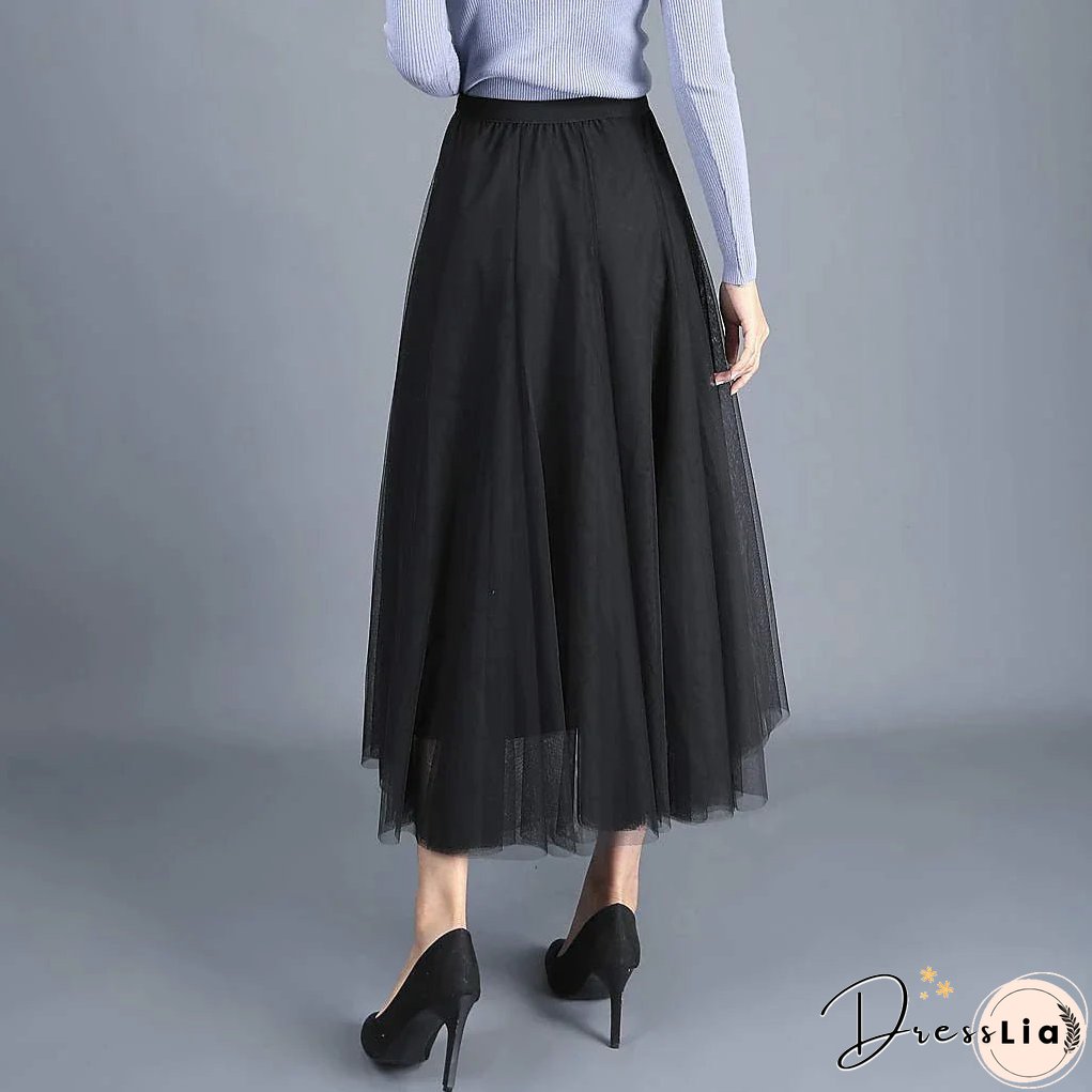 Women's Skirt Swing Tulle Long Skirt Maxi Black Pink Khaki Beige Skirts Pleated Layered Tulle Vintage Elegant Street S M L