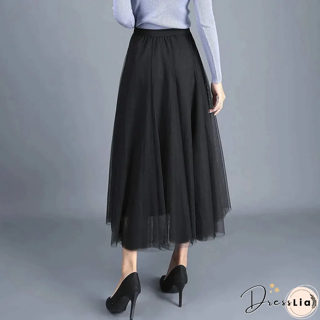Women's Skirt Swing Tulle Long Skirt Maxi Black Pink Khaki Beige Skirts Pleated Layered Tulle Vintage Elegant Street S M L