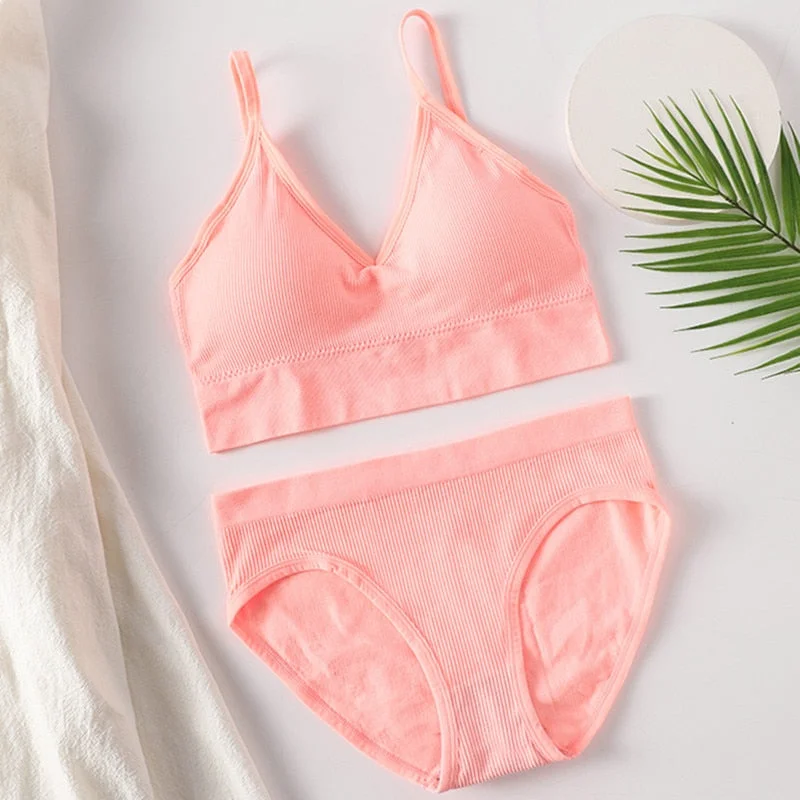 Women Bra Panties Set Sexy G-String Push Up Bra Crop Top Seamless Underwear Fitness Active Bra Top Thongs Female Lingerie Set