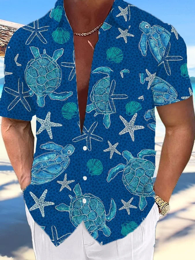 Men's Vacation Hawaii Turtle Print Casual Short Sleeve Shirt