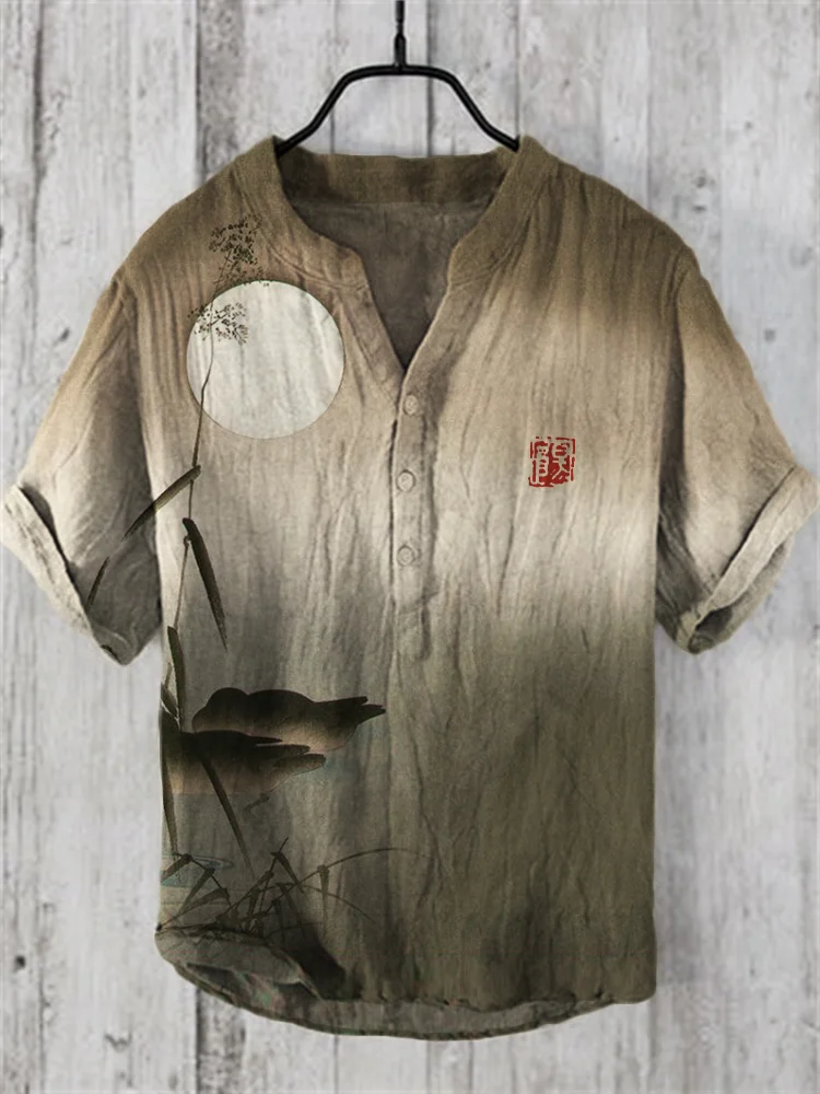 Full Moon Over Lake Japanese Art Linen Blend Shirt