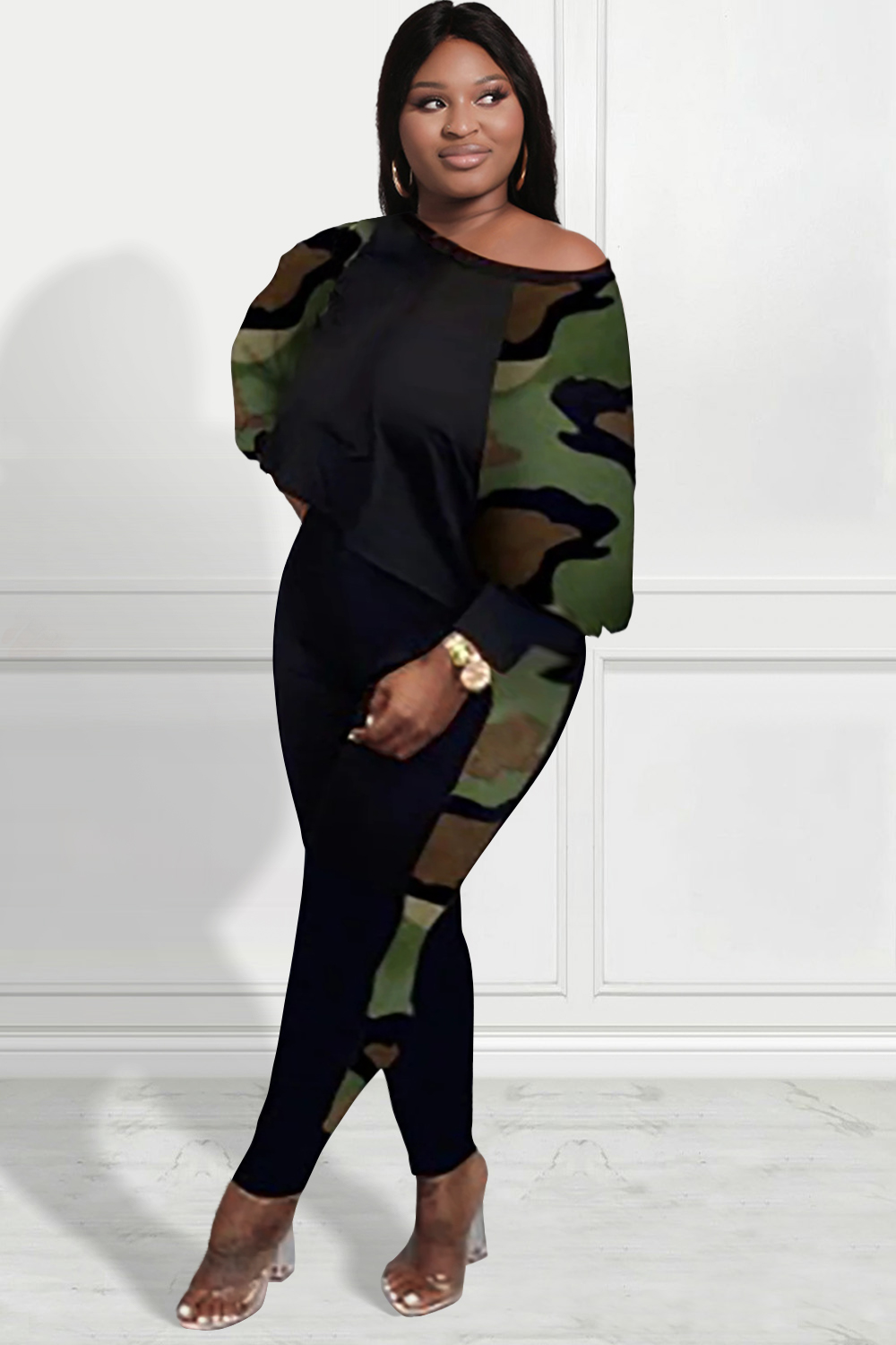 Design Plus Size Daily Pant Set Camo Print Long Sleeve Patchwork Two Pieces Pants Set