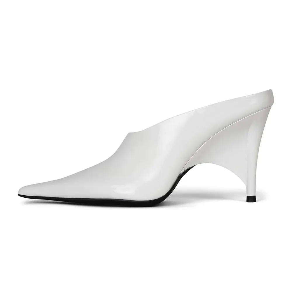 YDN White Patent Leather Decorative Heel Mule Shoes for Women