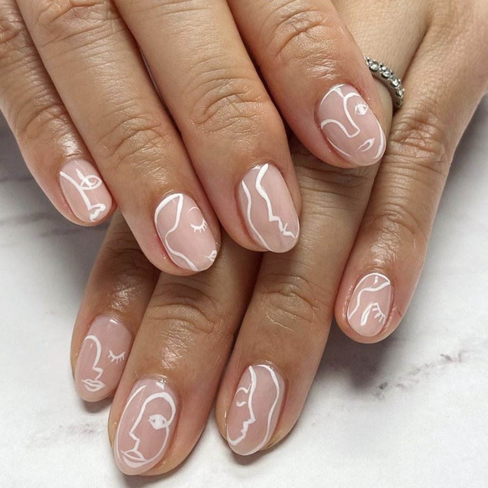 24pcs Fake Nails with design Detachable Facial Pattern Artificial False Nails Wearable Fake Nails Full Cover Round Press On Nail