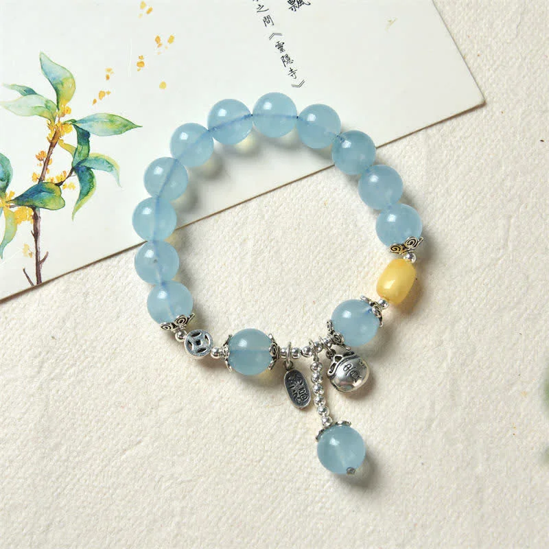 925 Sterling Silver Natural Aquamarine Amber Healing Blessing Charm Bracelet